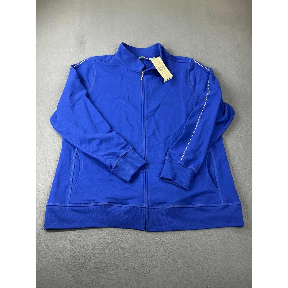 Laura Ashley Sweatshirt Womens 1X Blue Full Zip Rhinestone Mock Neck Pockets